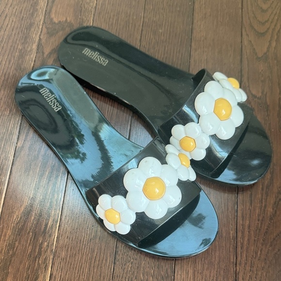 Melissa Shoes - Melissa Black Sandals with White and Yellow Flowers